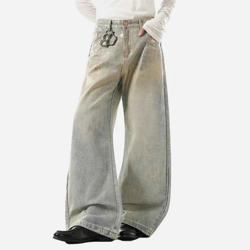 Chic Coated Printing Washed Wide Leg Jeans