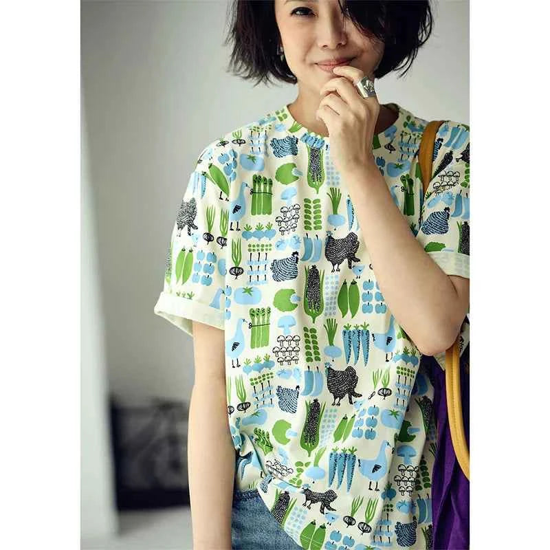 Fresh Literary Style Cartoon Print T-Shirt