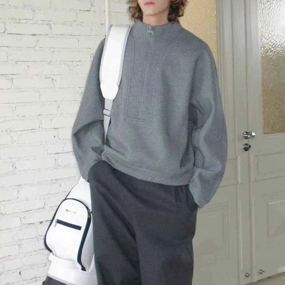 Solid Color Half Zipper Long Sleeved Sweatshirt