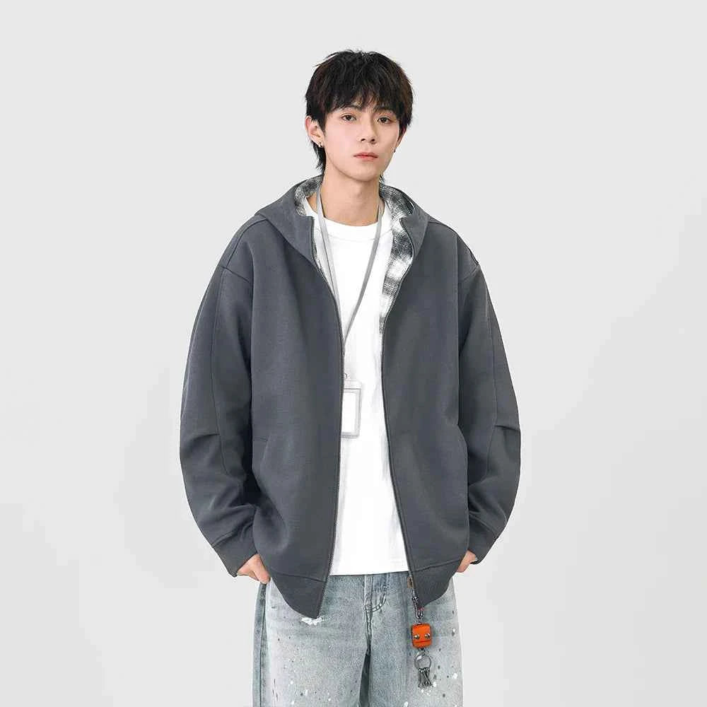 Plaid Zip-Up Casual Loose Hooded Sweatshirt
