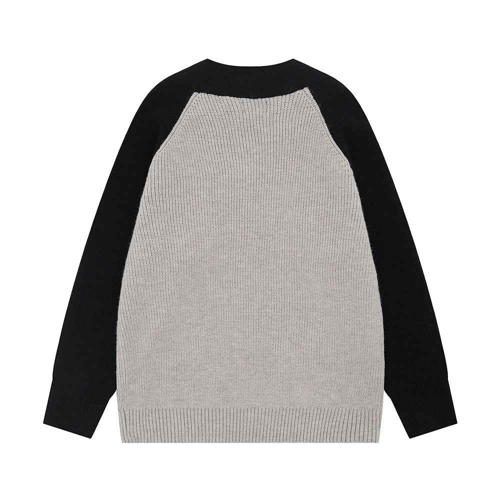Contrast Paneled Letter Crew Neck Embroidered Cardigan
