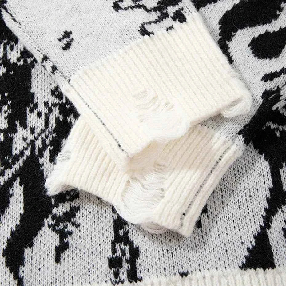 Signature Skulls Graphic Oversized Knit Ripped Sweater