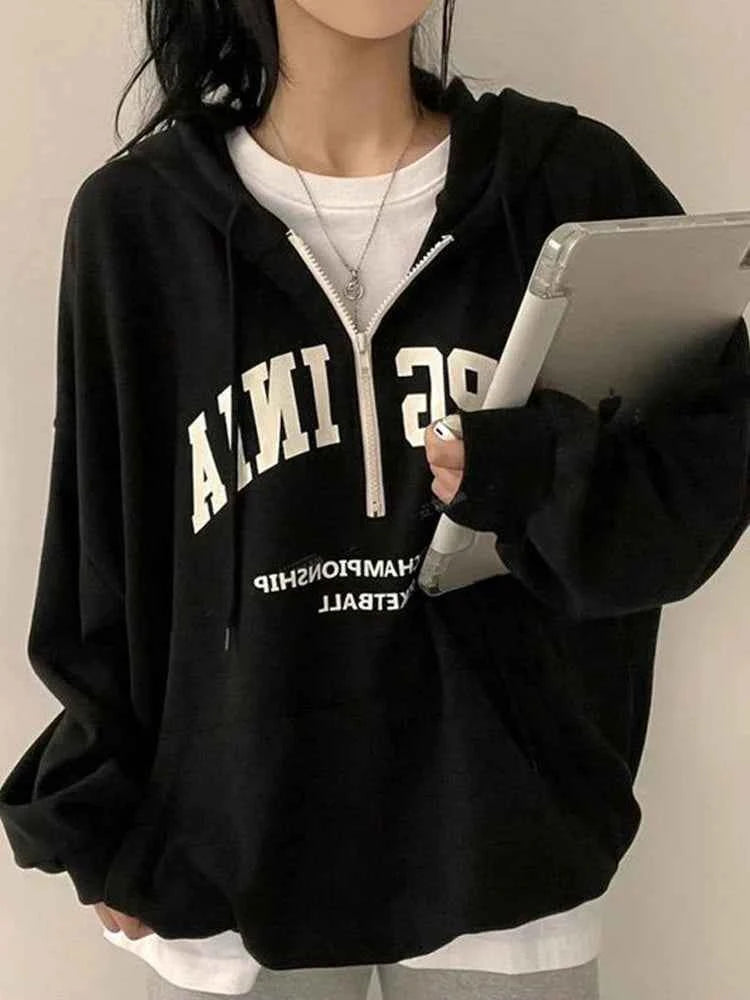 Cozy Zip-Up Letter Print Half Zipper Hoodie