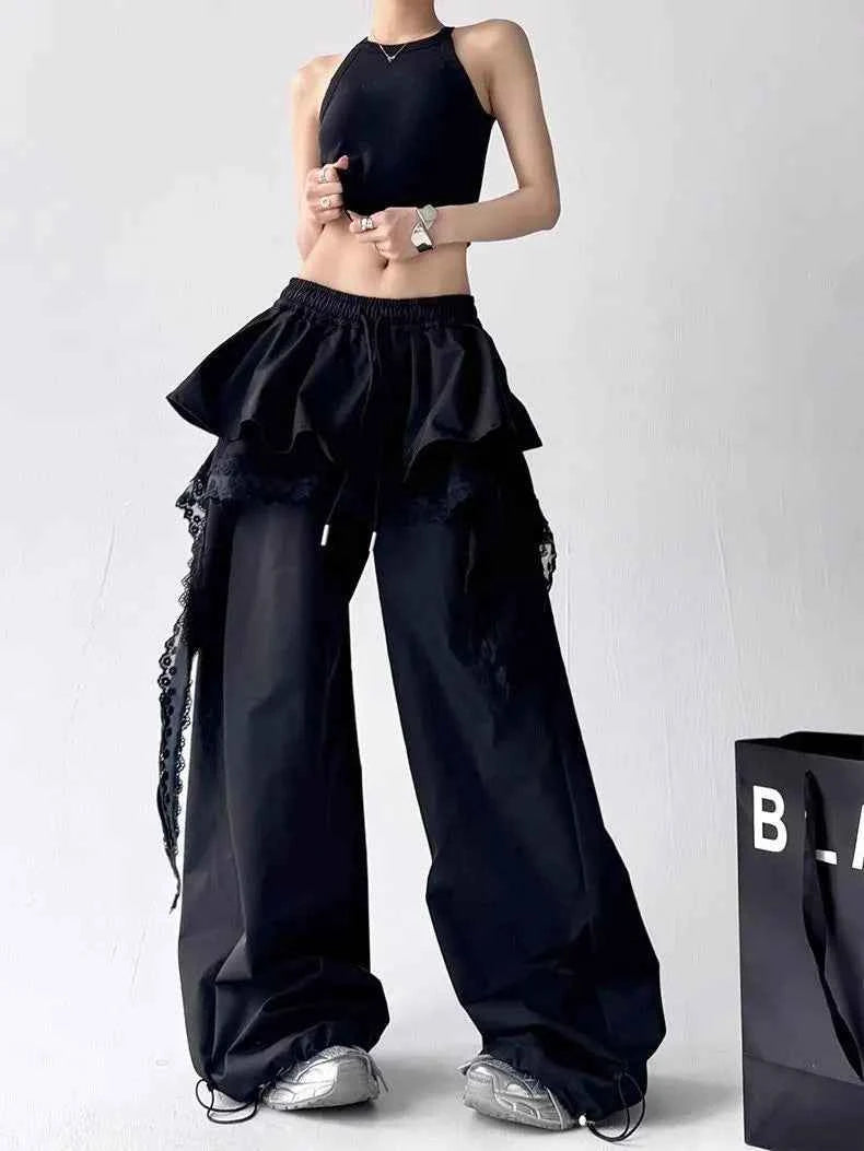 Contrasting Color Patchwork Lace Wide Pants