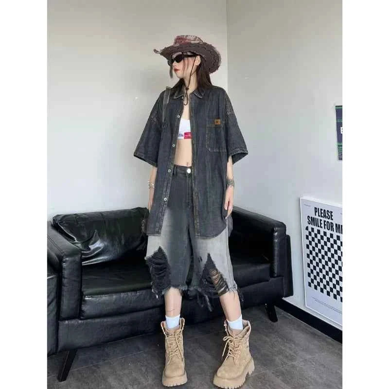 Women American Style Retro Gradient Denim Jorts
