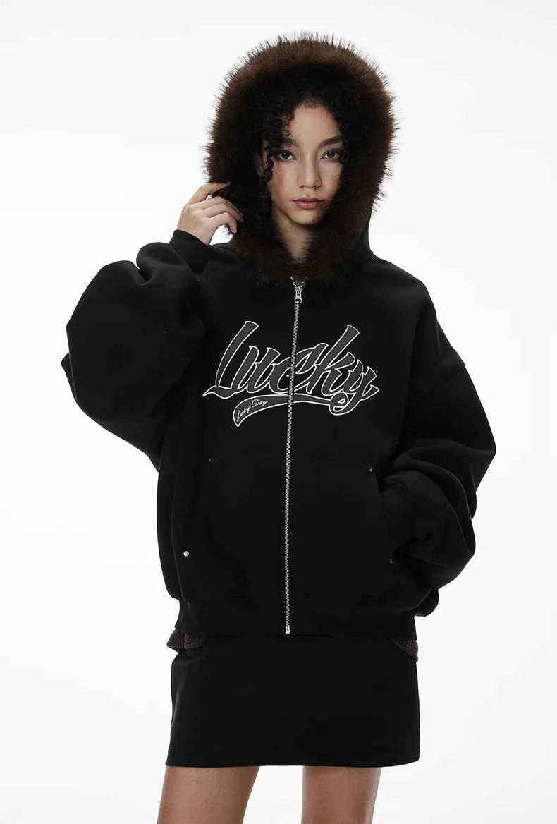 Cozy Embroidered Faux Fur Collar Hooded Sweatshirt