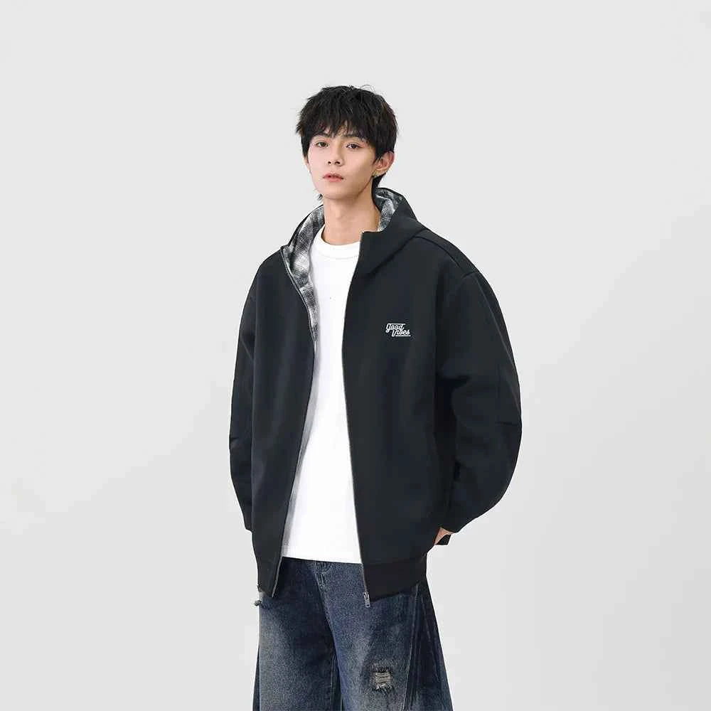 Y2K Warm Plaid Lined Zip-Up Hooded Sweatshirt