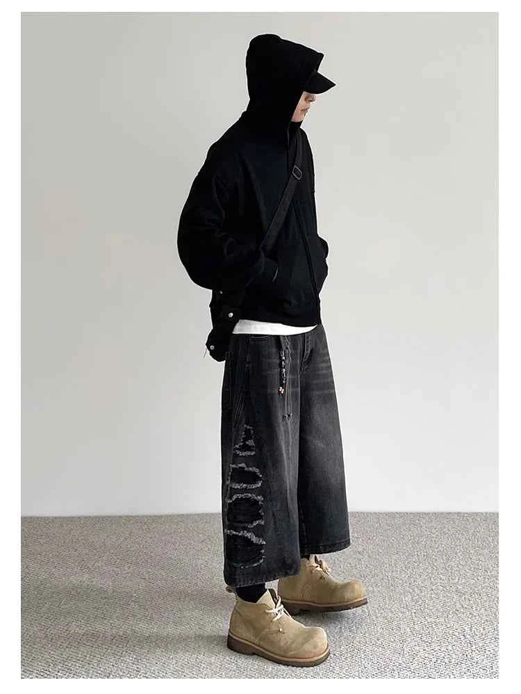 Vintage Aesthetic Black Ripped Loose Denim Jorts