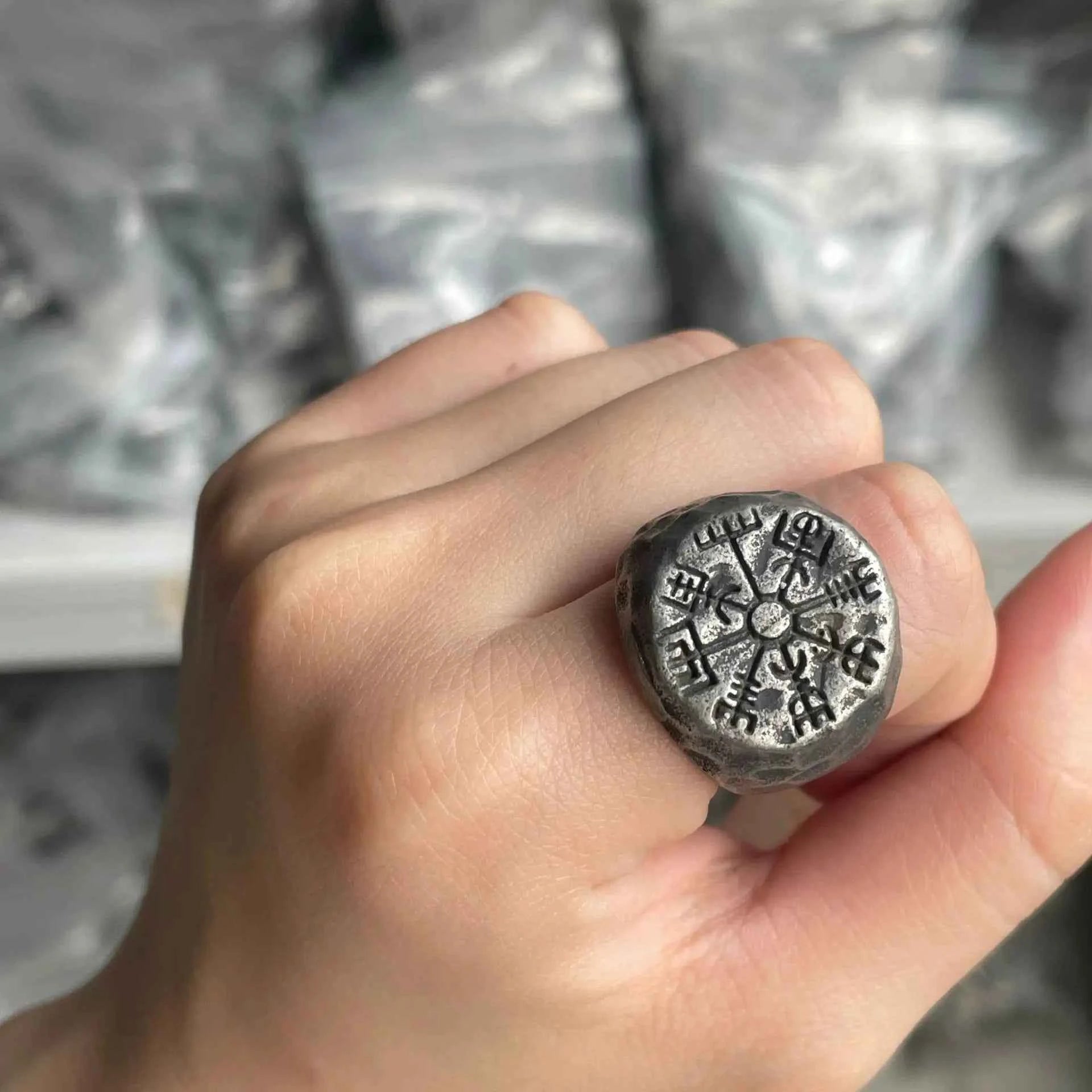 Handmade Antique Viking Vegvisir Rune Ring