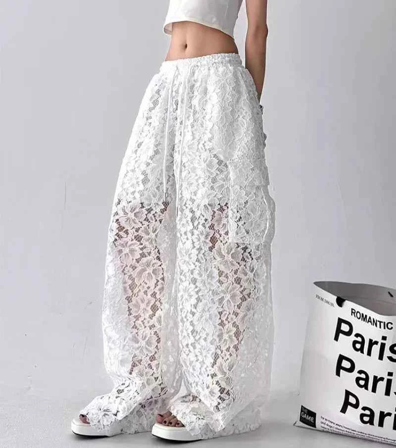 Women Solid Color Lace Hollow Wide Leg Pants