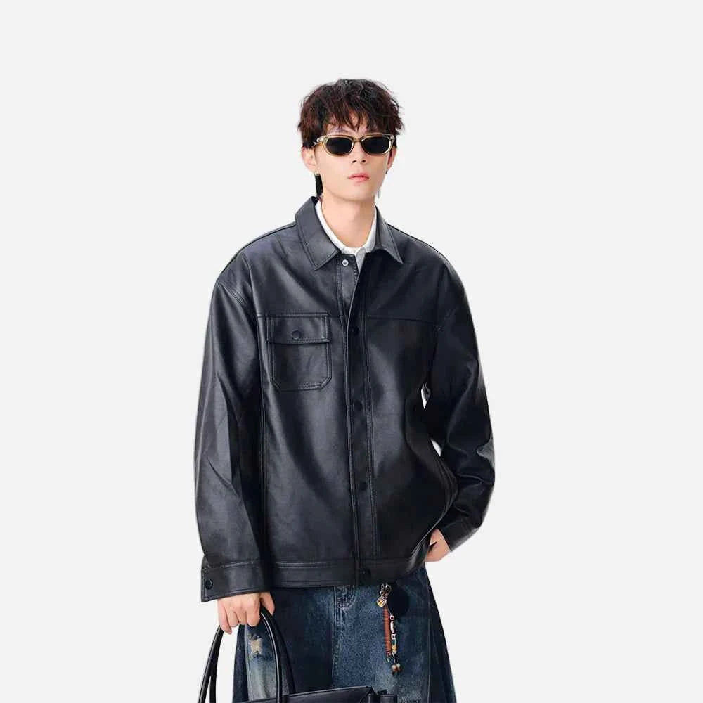 Trendy Faux Leather Lapel Button Jacket