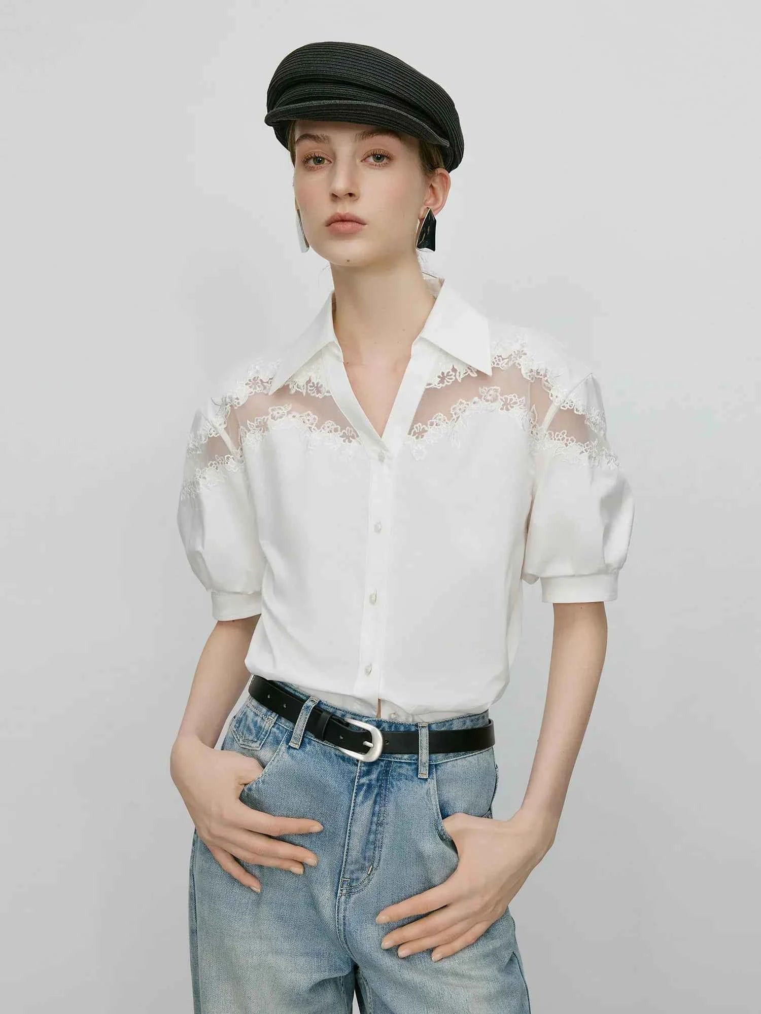 Classic Luxurious Sheer Lace Summer Blouse Shirt