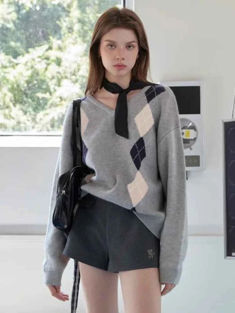 Women Vintage Argyle Gray Oversized Sweater