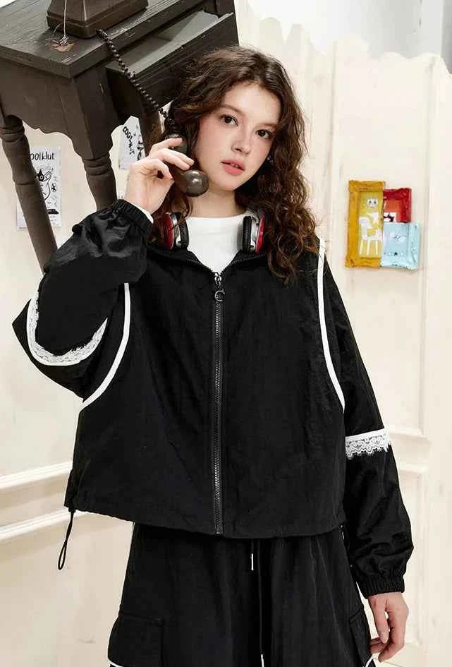 Stylish Lace Patchwork Hooded Windbreaker Jacket
