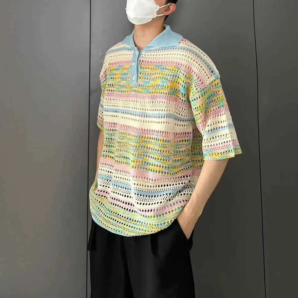 Versatile Gradient Striped Knit Polo Sweater