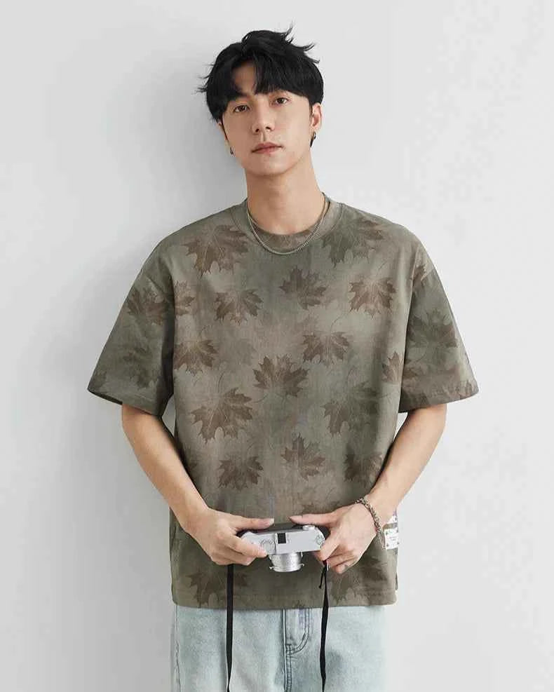 Men's Streetwear Retro Ink Dye Maple Leaf T-Shirt