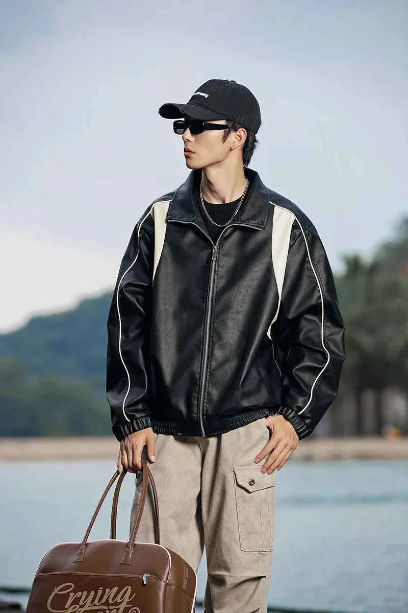 Durable Color Block Waterproof Leather Jacket