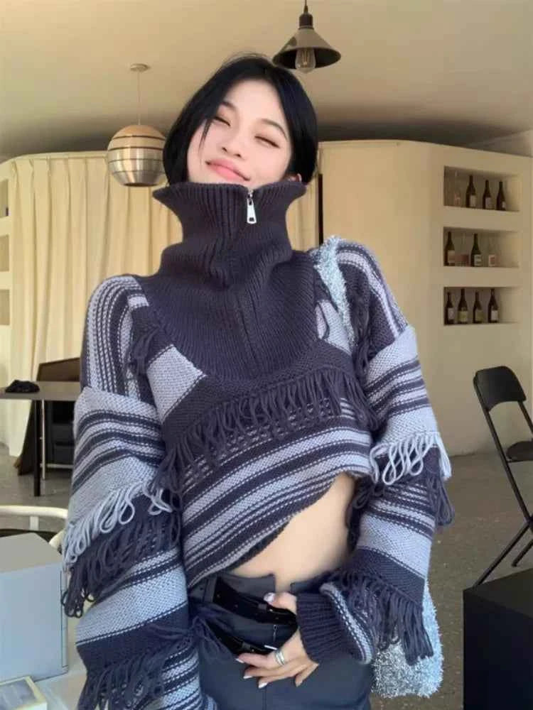 Autumn High-End Striped Fringe Sweater