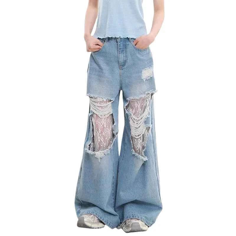 Women Vintage Lace Loose Fit Wide Jeans