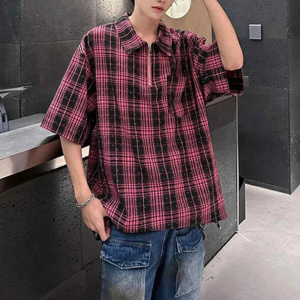 Diamond Plaid Half Zip Casual Shirt