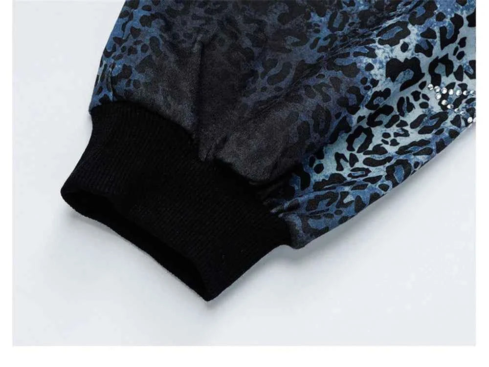 Insulated Leopard Rhinestone Zip-Up Hooded Sweatshirt
