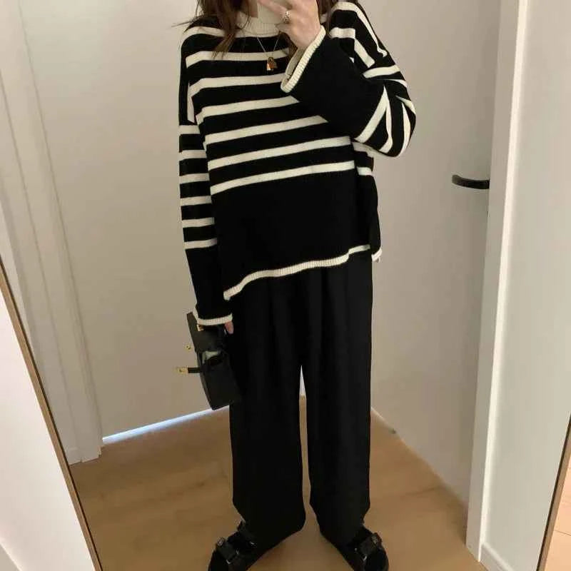 Women Chic Korean Striped Loose Knit Sweater