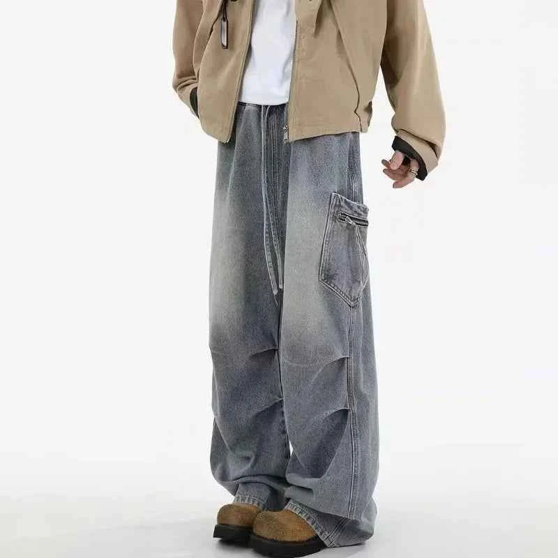 Streetwear Vintage Pleated Cargo Wide Leg Jeans