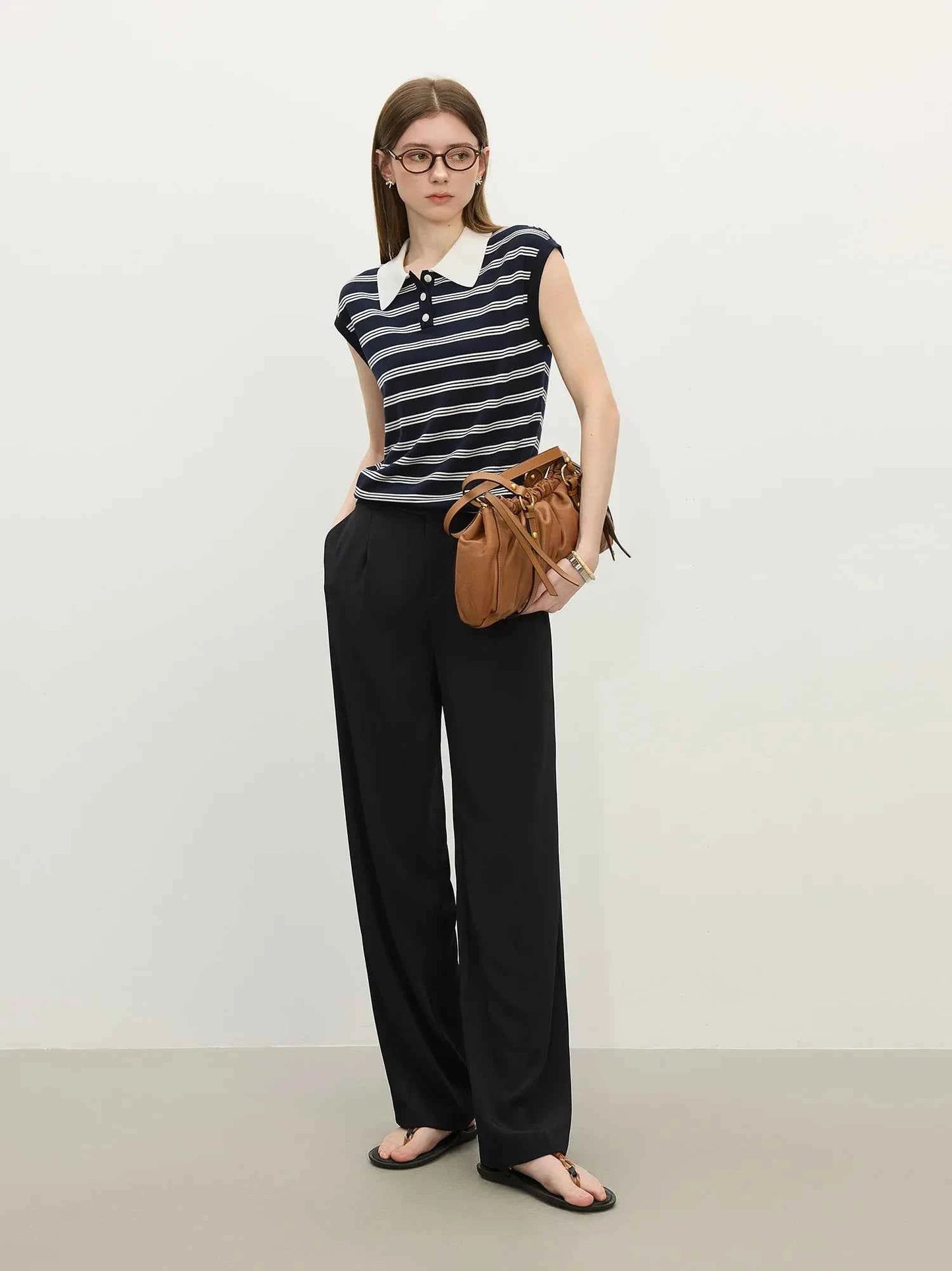 Women Casual Striped Knit Sleeveless Button Collar T-Shirt
