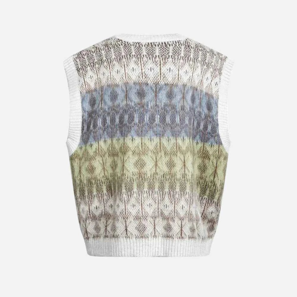 Jacquard Mohair Knitted V-Neck Sleevless Sweater