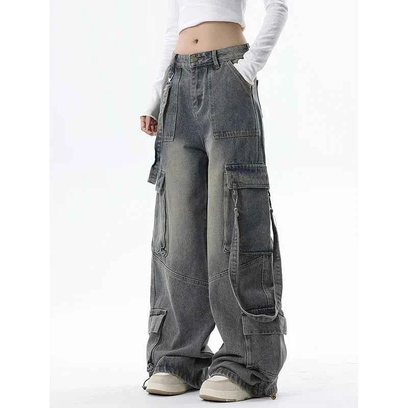Women Gray High Waist Wide Leg Blue Baggy Jeans