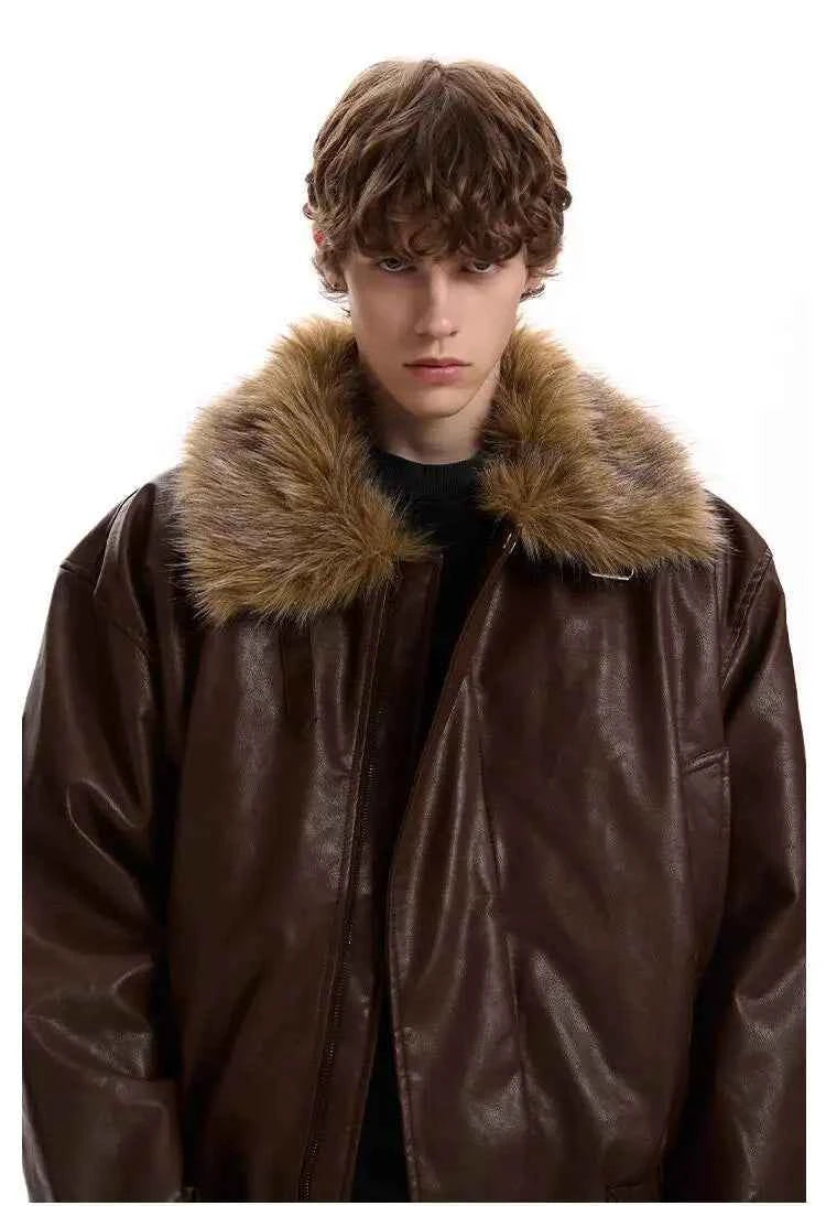 Luxury Faux Fur Lapel Leather Padded Jacket