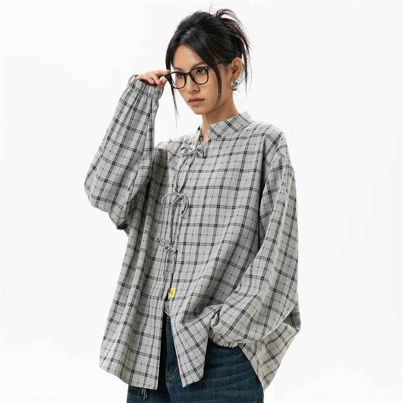 Elegant Gray Cool Plaid Blouse Long Shirt