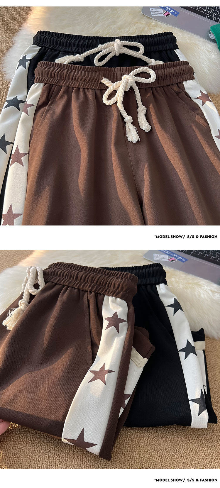 B Letter Drawstring Stars Patchwork Shorts