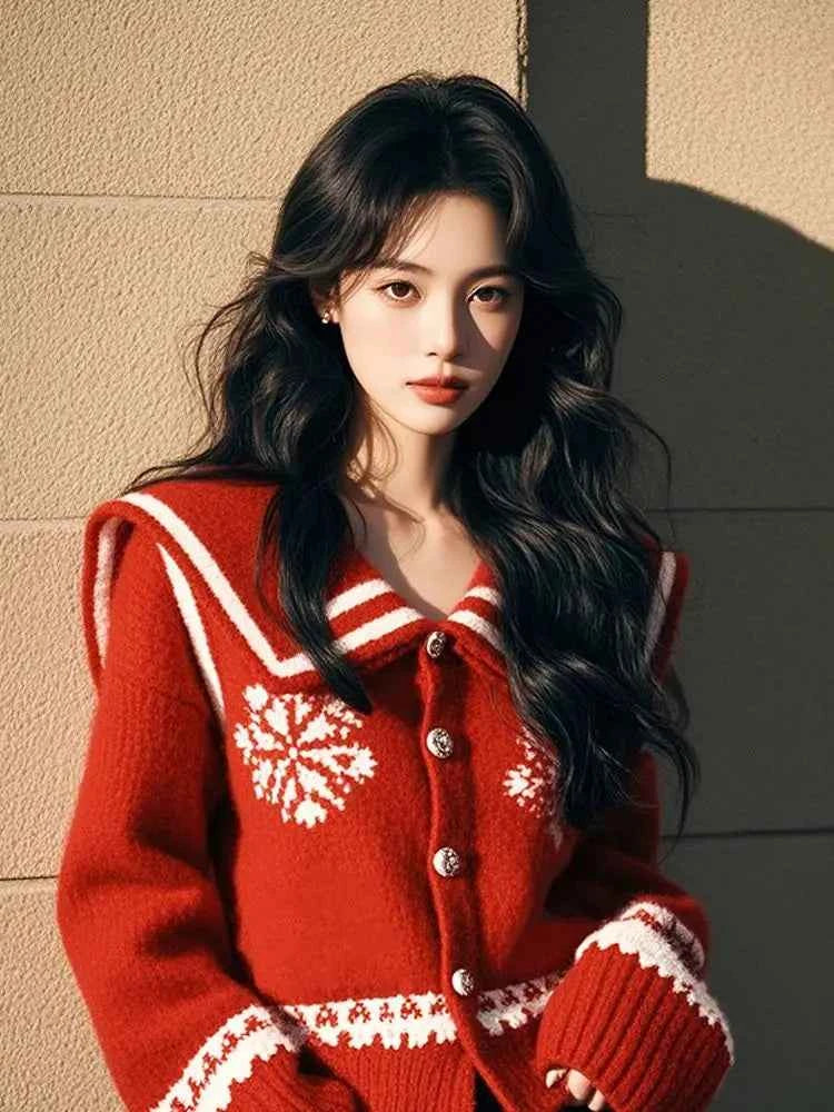 Women Red Christmas Long Sleeve Cardigan