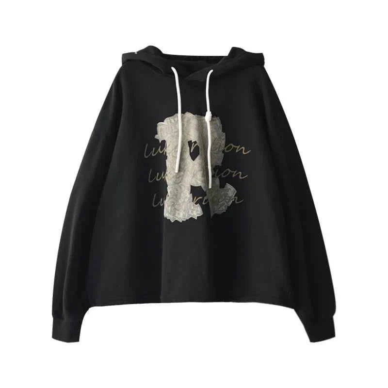 Korean Style Letter Print Black Hoodie