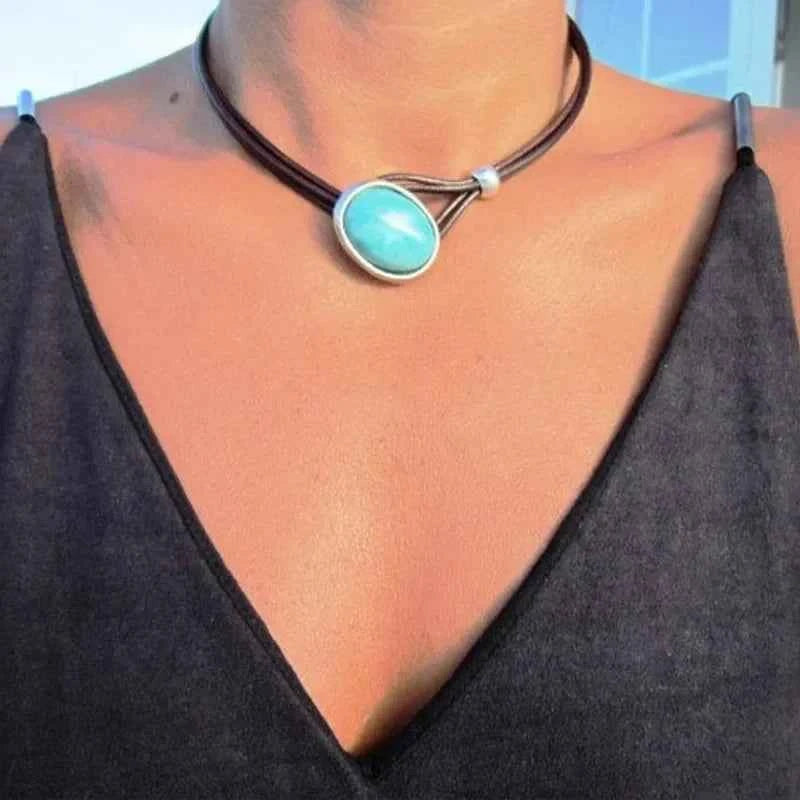 Bohemian Vintage Oval Stone Leather Necklace