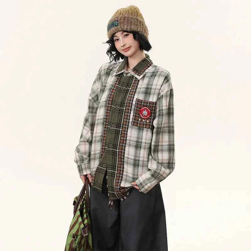 Checkered Patchwork Long Sleeve Shirt