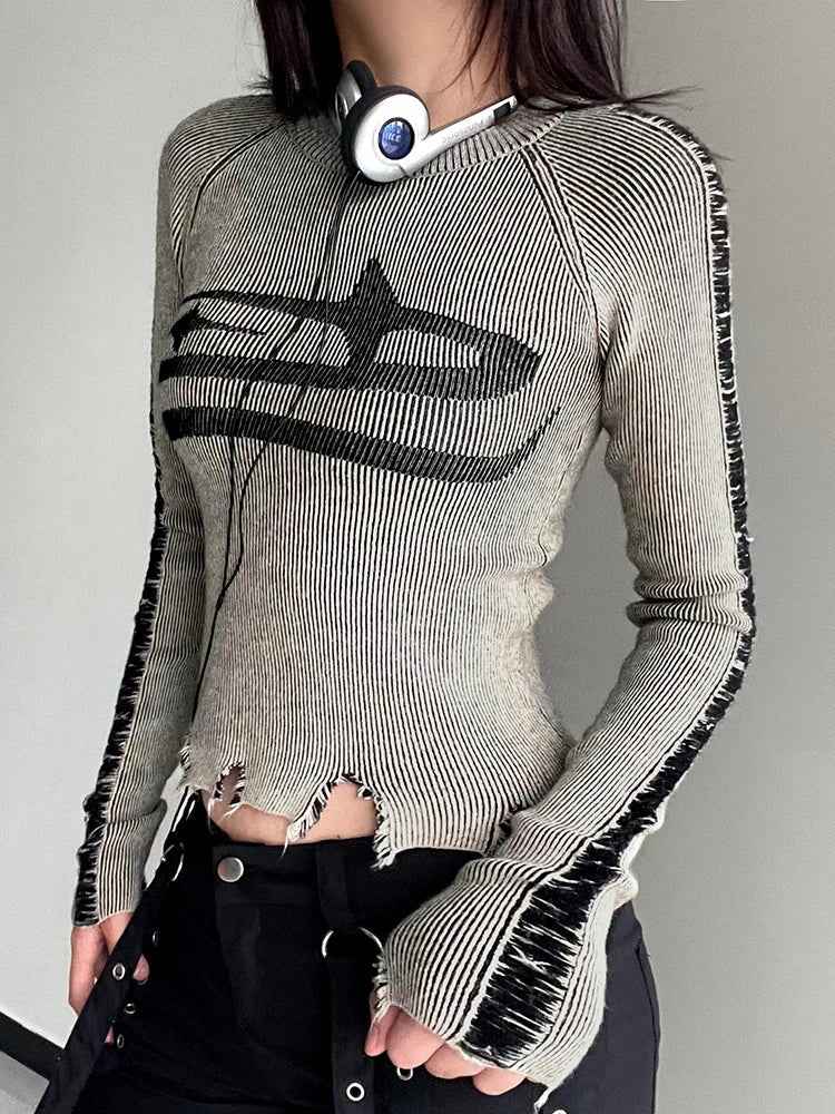 Vintage Patchwork Ripped Long Sleeve Sweater