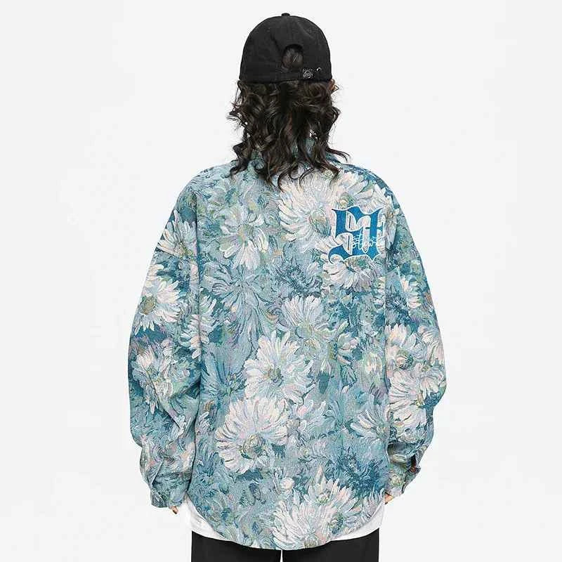 Trendy Gothic Daisy Print Varsity Jacket