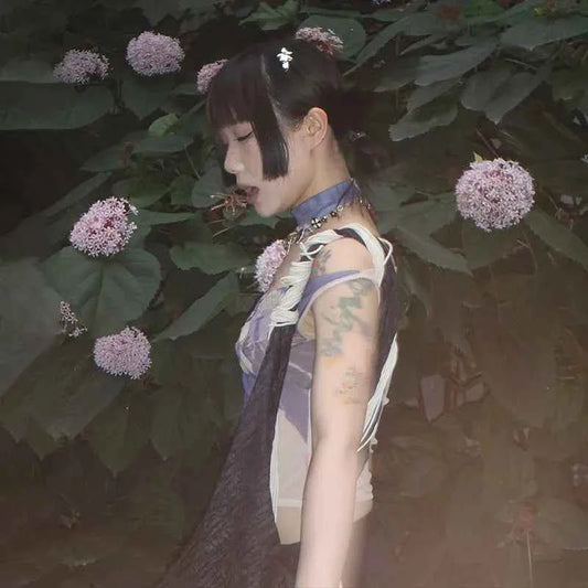 Vintage Tattoo Print Mesh Off-Shoulder T-Shirt