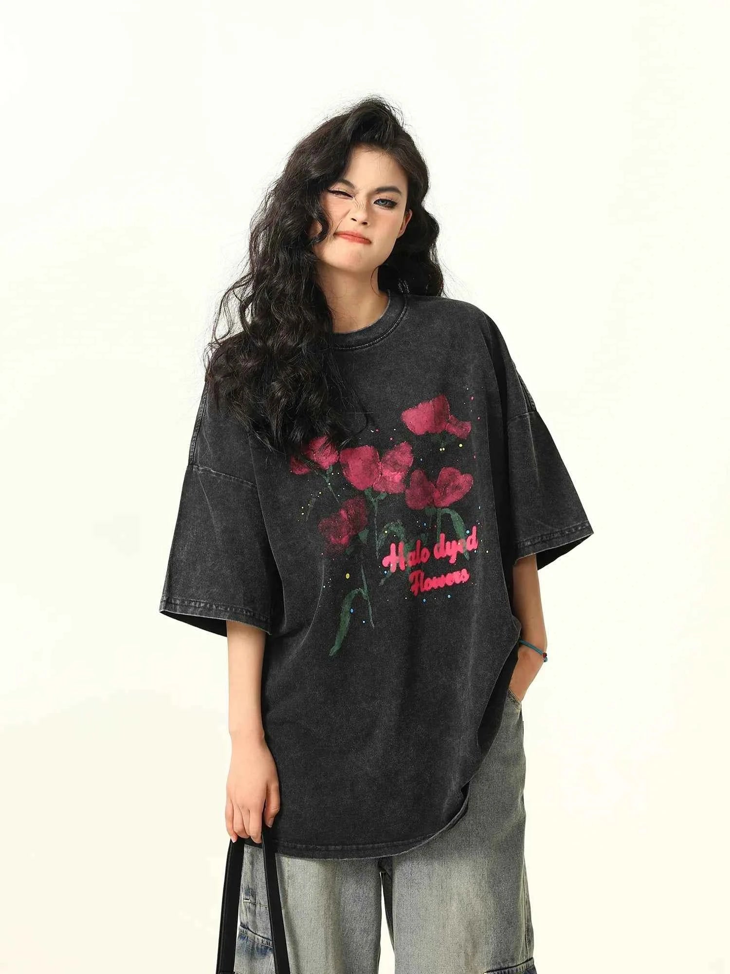 Washed Black Rose Print Round T-Shirt