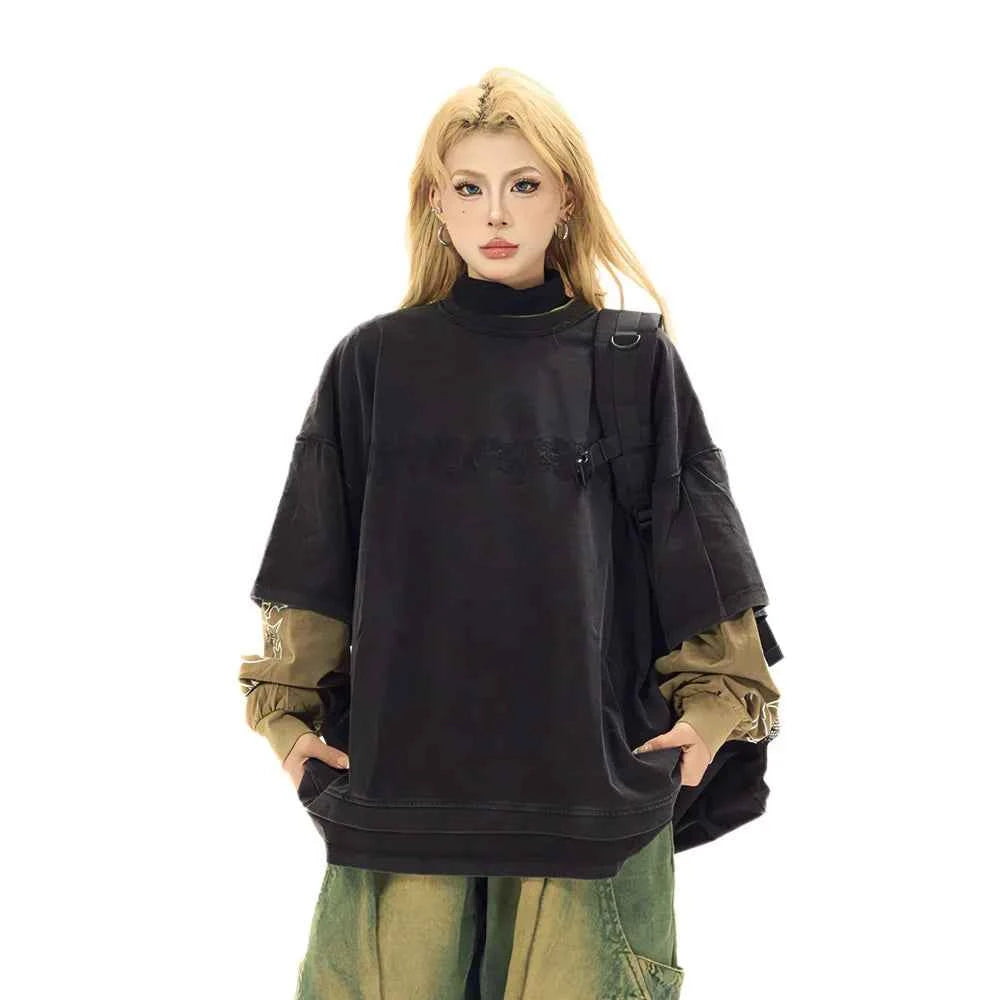 Retro Letter Printed Fake Two Piece Long Sleeve T-Shirt