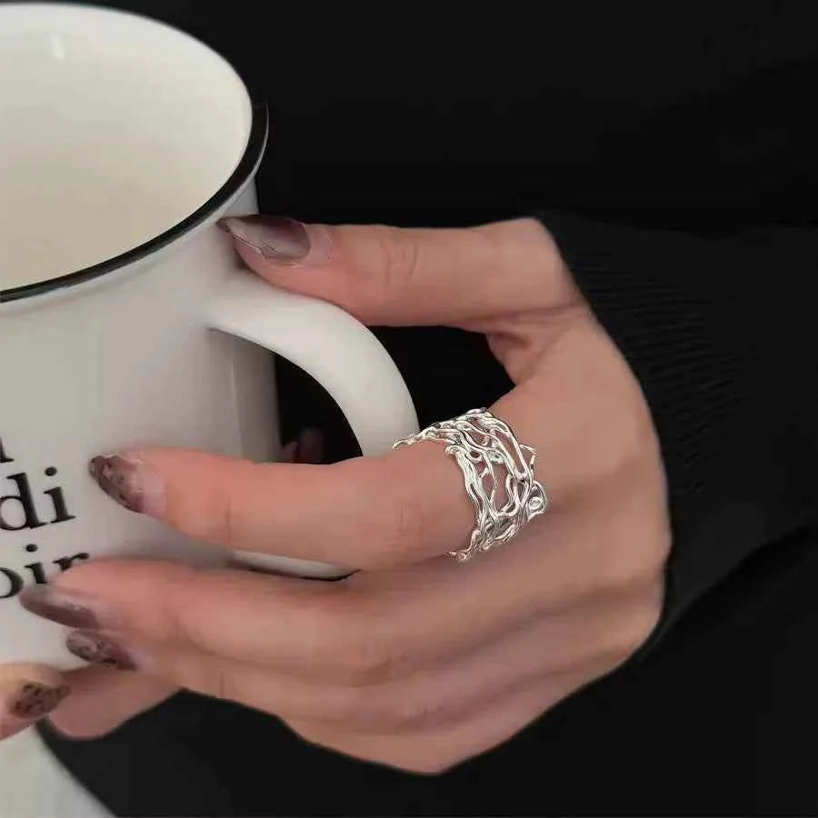 Silver Irregular Mesh Skeleton Line Ring