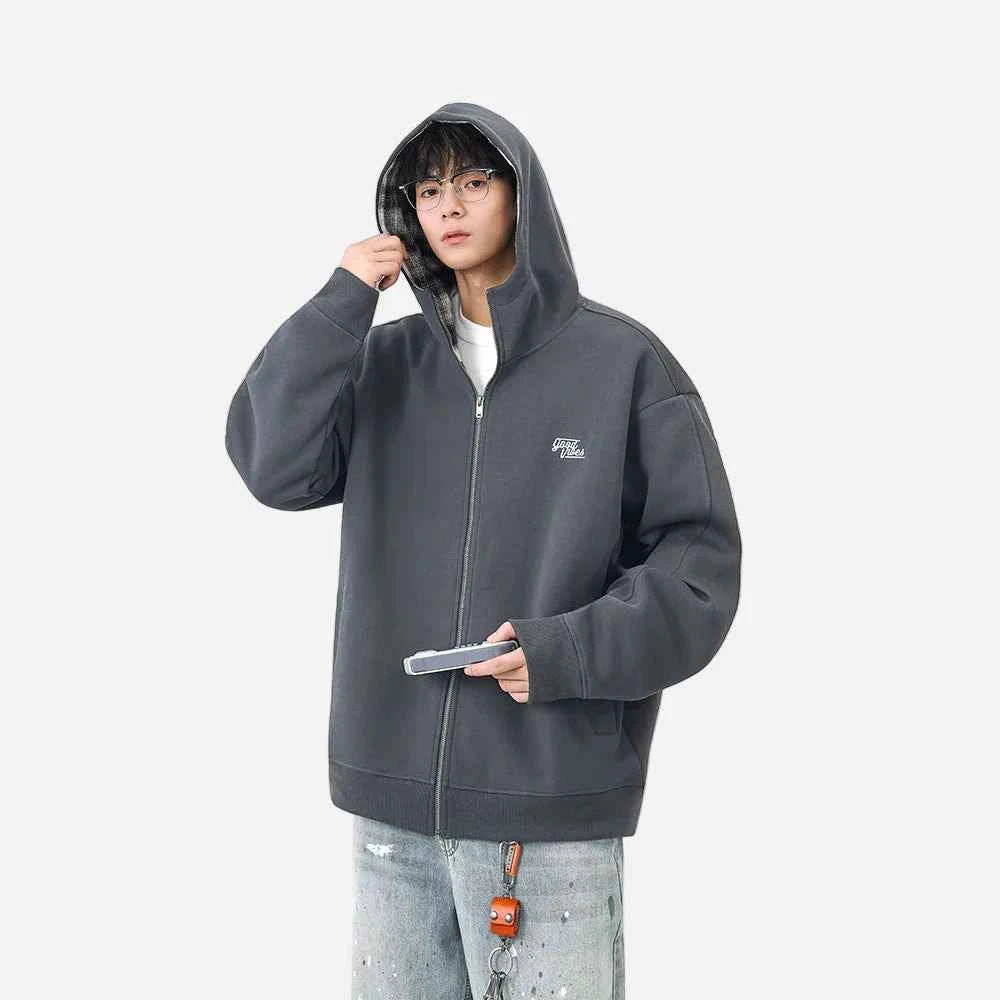 Y2K Warm Plaid Lined Zip-Up Hooded Sweatshirt