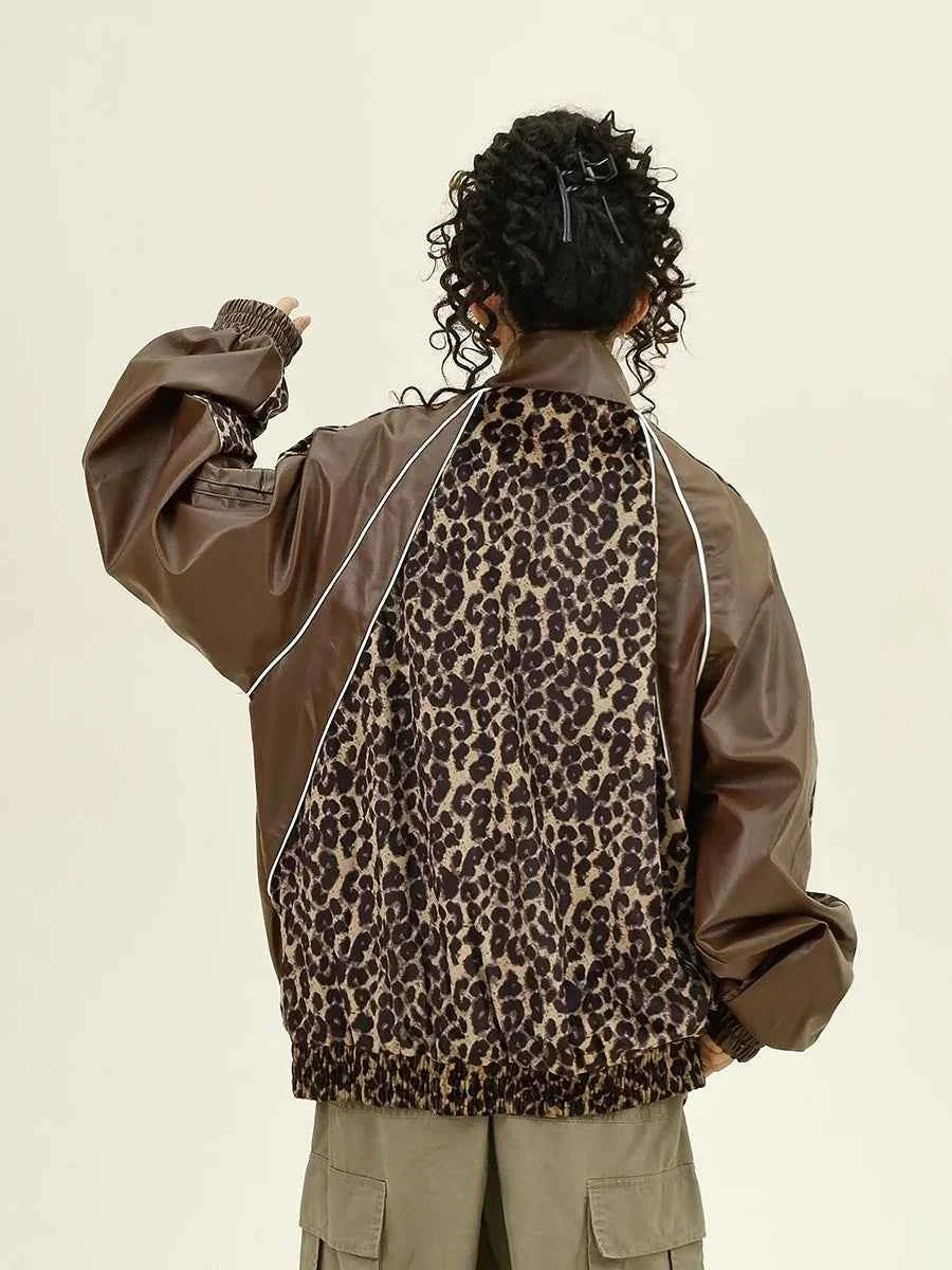 Leopard Print Splicing PU Leather Jacket