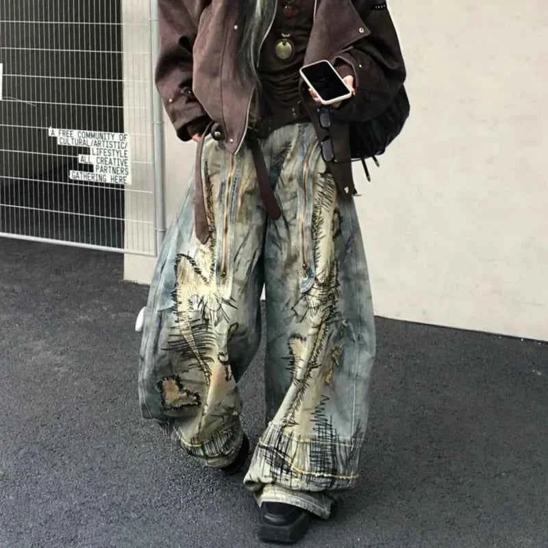 Oversized American Style Embroidered Jeans