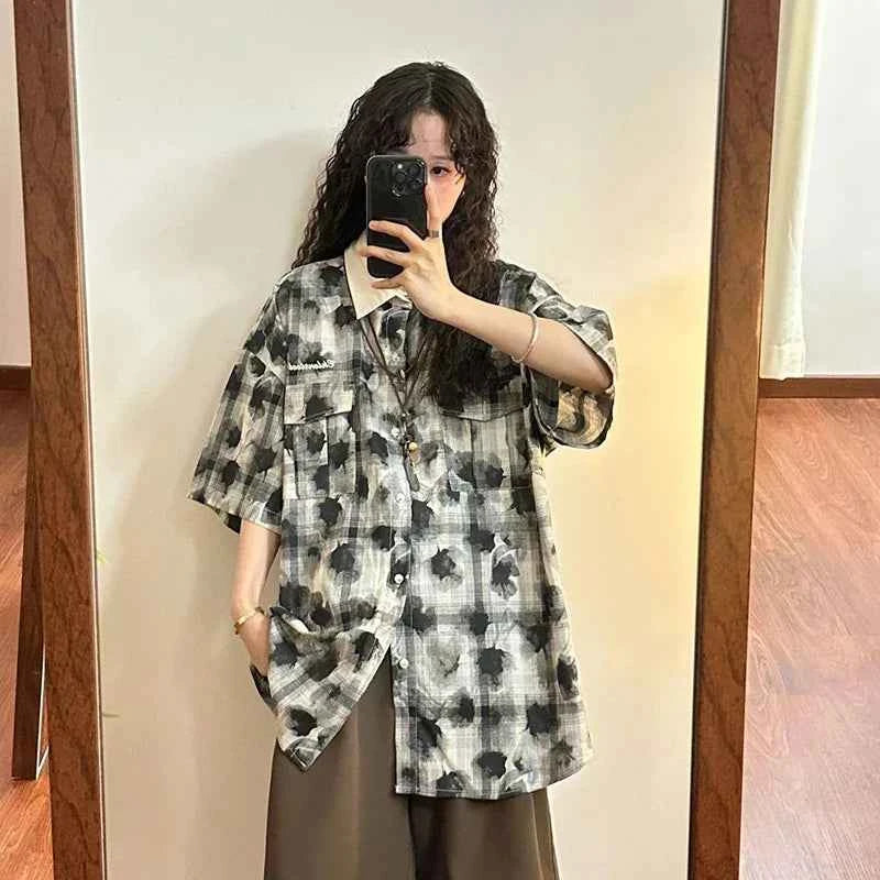 Women Retro Loose Oversize Printed Short Sleeve Shirt