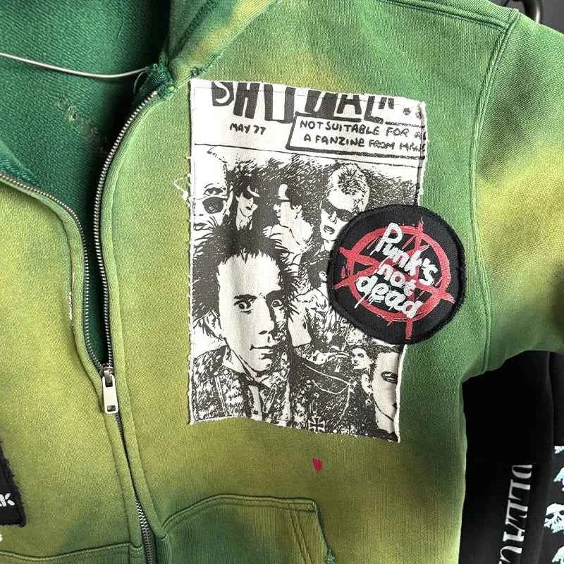 Y2K Green Retro Oversized Tie Dye Zip Sweatshirt