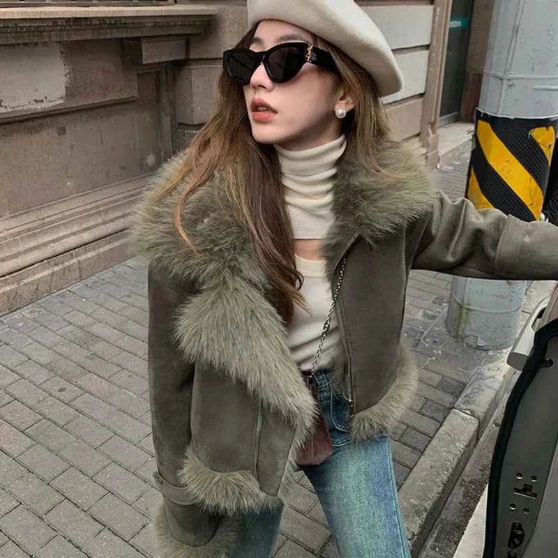 Women Classic Warm Faux Suede Zipper Leather Jacket