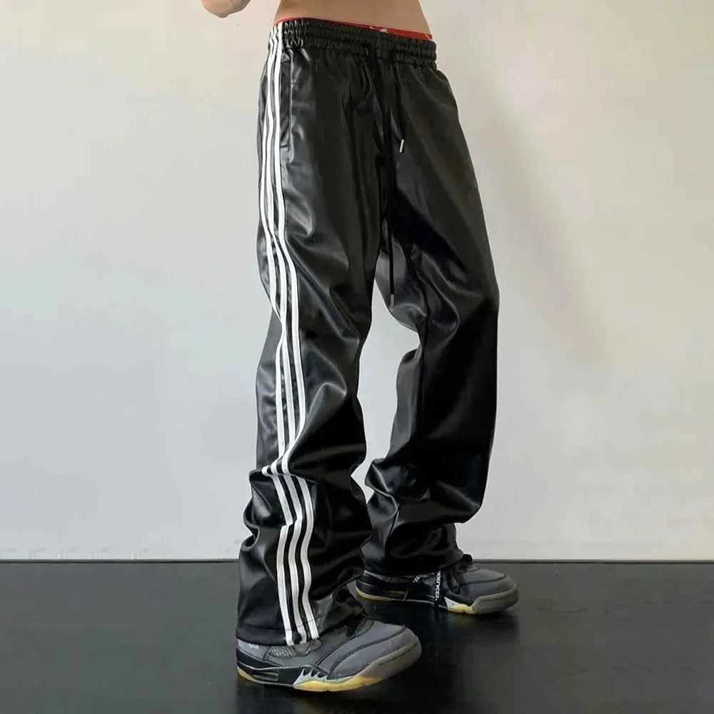 Cloud-Soft Feel Striped Velvet  PU Leather Pants